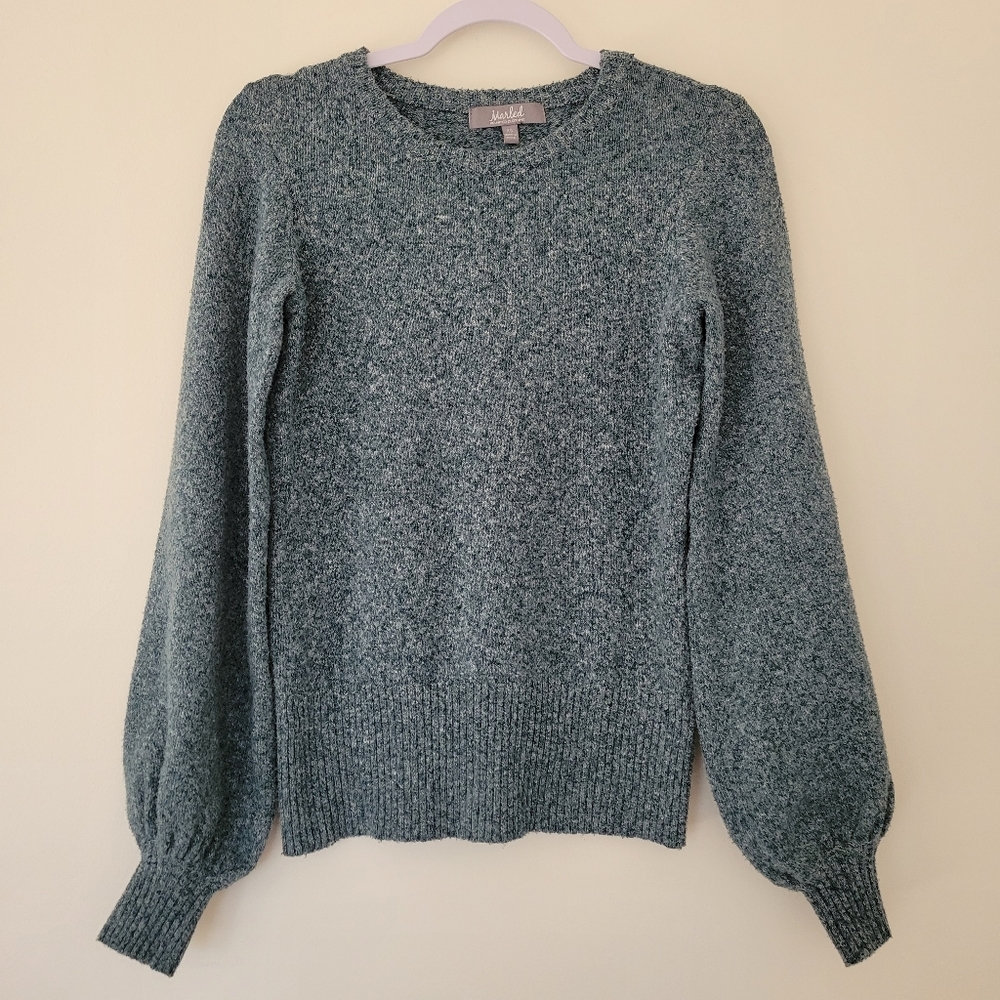 Marled Balloon Sleeve Heather Dark Green Casual Chic Cozy Sweater XS‎